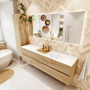 MONDIAZ VICA 180cm badmeubel onderkast Washed Oak 4 lades. Wastafel MOON rechts zonder kraangat